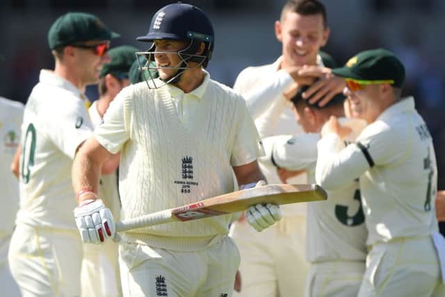 BAD DAY: England captain Joe Root reacts after being dismissed for 0 during day two against Australia at Headingley. Picture: Stu Forster/Getty Images