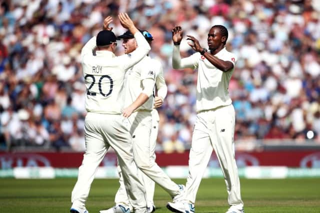 England's Jofra Archer (right) celebrates taking the wicket of Australia's James Pattinson at Headingley. Picture: Tim Goode/PA