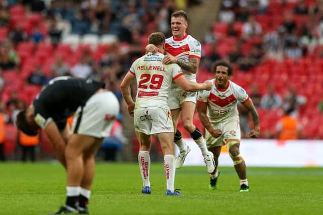 MAGIC MOMENT: Sheffield Eagles' Anthony Thackeray celebrates at the end of the 1895 Cup Final at Wembley. Picture: Paul Harding/PA