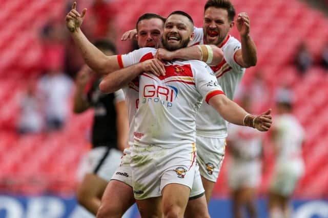 Sheffield Eagles' Corey Makelim celebrates scoring a try during the 1895 Cup Final at Wembley Stadium, London.