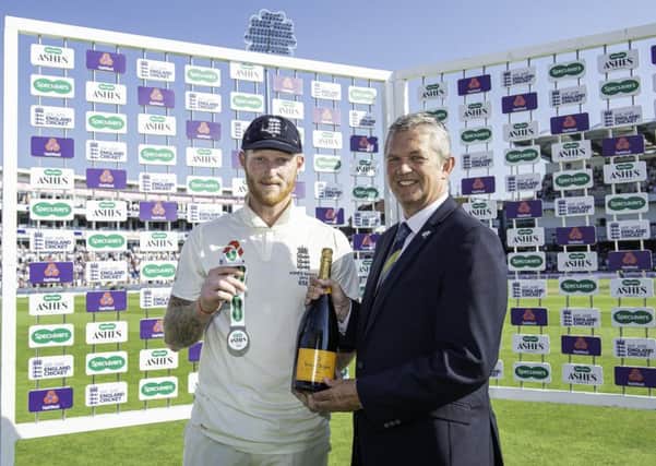 England's Ben Stokes is congratulated by Yorkshire Cricket Club's Chief Executive Mark Arthur with the man of the match award.