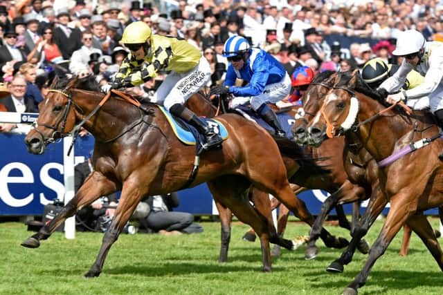 Ornate and Phil Dennis (yellow colours) came to prominence when winning the Epsom Dash on Derby day.