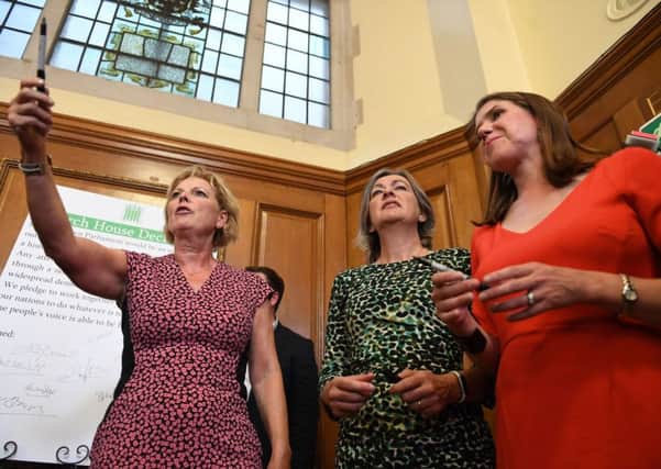Anna Soubry, Liz Saville Roberts and Jo Swinson, during a meeting of a cross-party group of MPs at Church House, Westminster, where they will sign a declaration saying they will continue to meet as an alternative House of Commons if Prime Minister Boris Johnson temporarily shuts down Parliament to get a no-deal Brexit through.