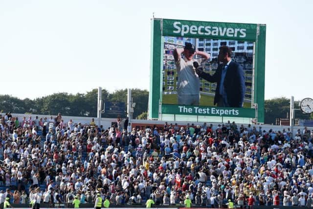 LEEDS, ENGLAND - AUGUST 25: Ben Stokes of England is interviewed on the big screen after winning the 3rd Specsavers Ashes Test match between England and Australia at Headingley on August 25, 2019 in Leeds, England. 
Photo by Gareth Copley/Getty Images