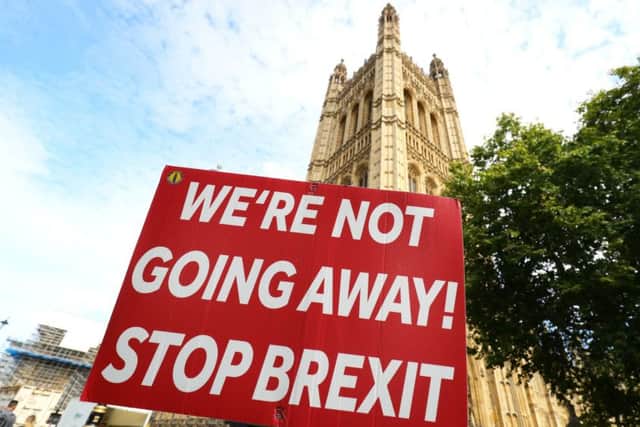 Anti-Brexit placards outside the Houses of Parliament.