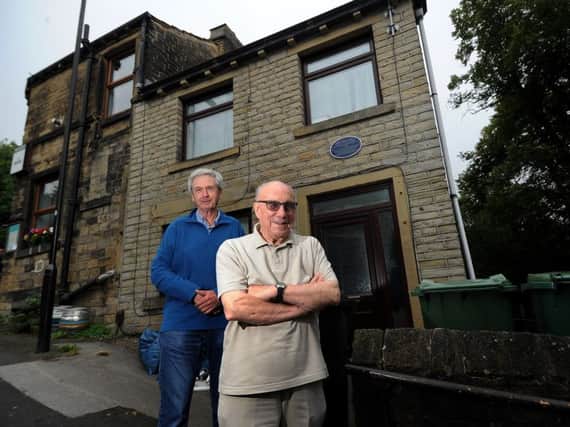 George Berry (right) and historian Dr Stephen Caunce outside the home and birthplace of Samuel Copley, at Berry Brow, Huddersfield. Picture by Simon Hulme