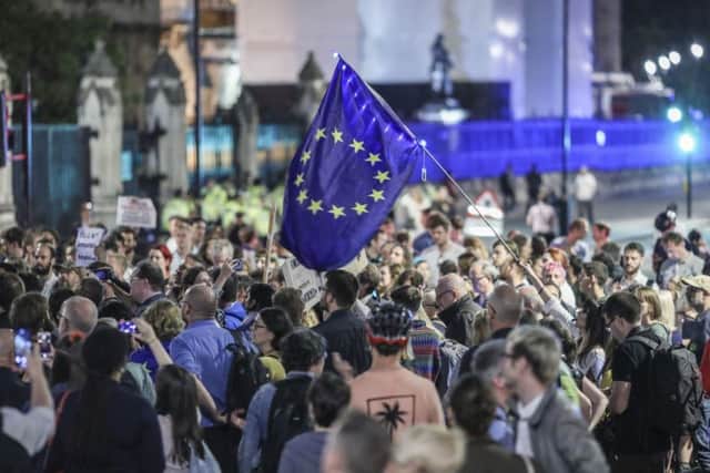 Anti-Brexit supporters continue to participate in a late evening protest in front of the Houses of Parliament on the day Boris Johnson confirmed the suspension of Parliament for an extended period.