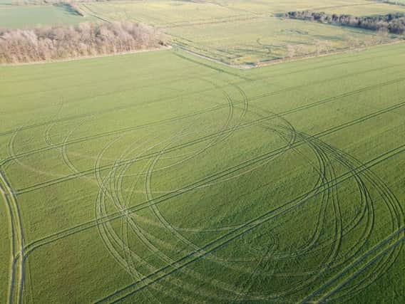 Aerial photograph of damge caused to crops in the Richmondshire area in April 2019 by a vehicle driven by suspected poachers.