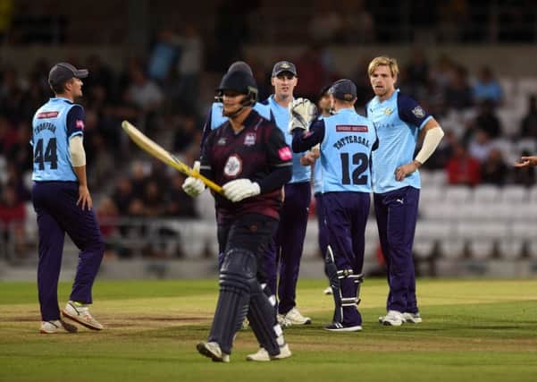 Yorkshire's David Willey takes his first wicket. Picture Jonathan Gawthorpe