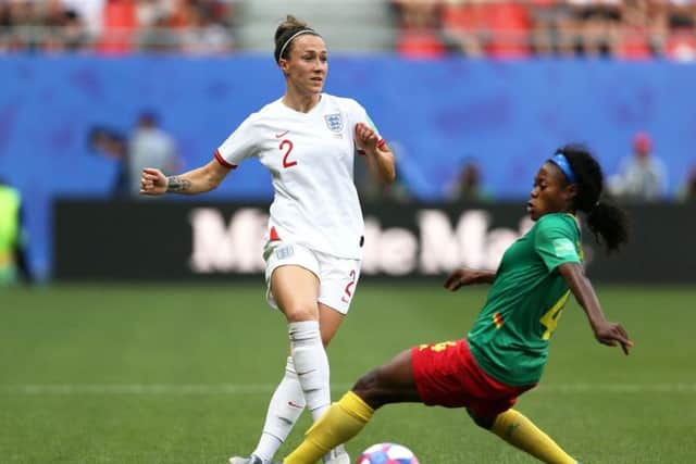 Leeds Beckett University graduate Lucy Bronze playing for England against Cameroon in the World Cup