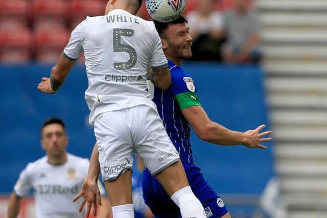 Kieffer Moore playing for new club Wigan against Leeds United.