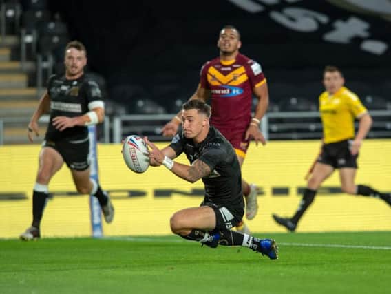 Hull FC's Jamie Shaul scores in the first half - before things go wrong against Huddersfield Giants. (PIC: BRUCE ROLLINSON)