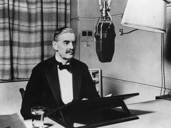 3rd September 1939: British Prime Minister Neville Chamberlain (1869 - 1940) in a BBC studio announcing the declaration of war. (Photo by Fox Photos/Getty Images)