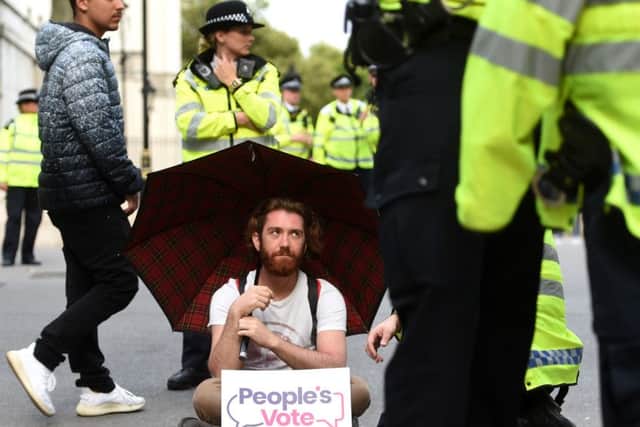 An anti-Brexit protester sits outside the gates of 10 Downing Street. Photo: David Mirzoeff/PA Wire