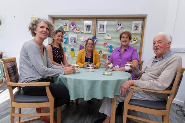 From left: Alice Gilmour, Access Officer for Opera North; Alex Bradshaw, Lifelong Learning Manager for Opera North;  Jo Bailey, Wellness Coordinator for Simon Marks Court Care Home; Sharon Buckland, Care Home Manager; and Eric Chappell, a resident at the home.