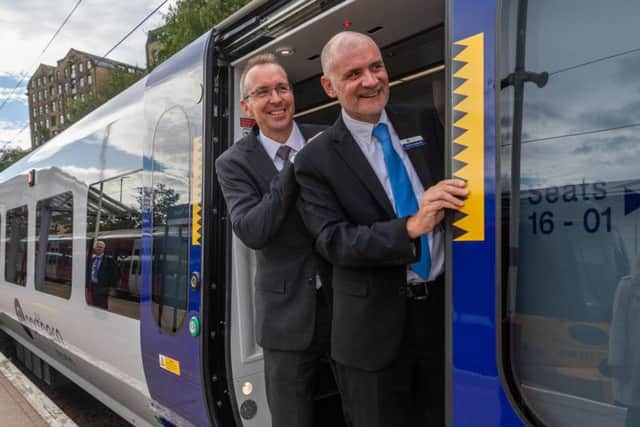 Ben Still, Managing Director of West Yorkshire Combined Authority, along with Steve Hopkinson, Regional Director at Northern celebrate the launch of the new Northern trains, which will be operating between Leeds-Bradford-Ilkley and Skipton from the 9th of next month. Pic: James Hardisty