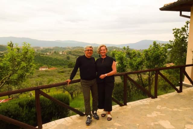 Joe and Alana Mazza at their boutique luxury bed & breakfast Casale San Pietro, in Lazio, overlooking their olive groves.