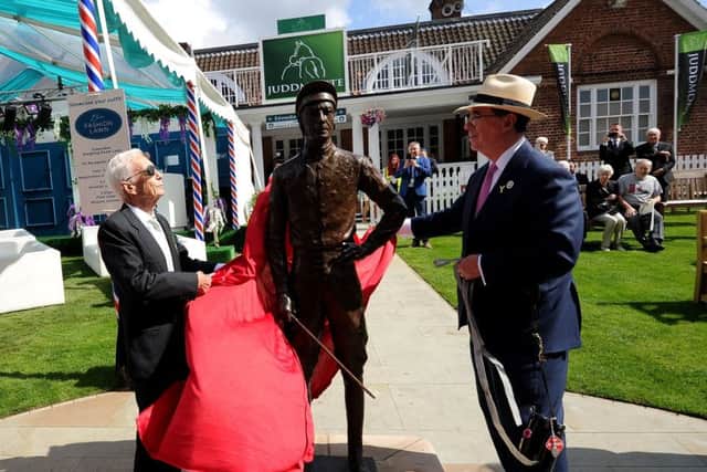 Lester Piggott was on hand at York's Ebor festival to unveil a statue of himself. He is pictured with racecourse chairman Teddy Grimthorpe.