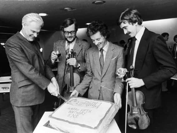 John Pryce-Jones (pictured second from right) as Opera North's orchestra celebrated its fifth birthday.