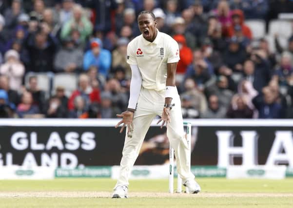 England's Jofra Archer reacts to a dropped catch by Sam Curran (not pictured) during day two of the fourth Ashes Test at Emirates Old Trafford (Picture: PA).