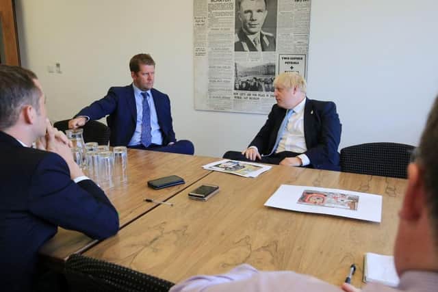 Boris Johnson speaks to journalists at The Yorkshire Post. Pic: Chris Etchells