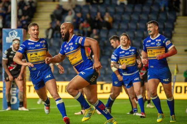 Jamie Jones-Buchanan celebrates scoring the second try for Leeds Rhinos against Salford Red Devils.
Picture: Bruce Rollinson