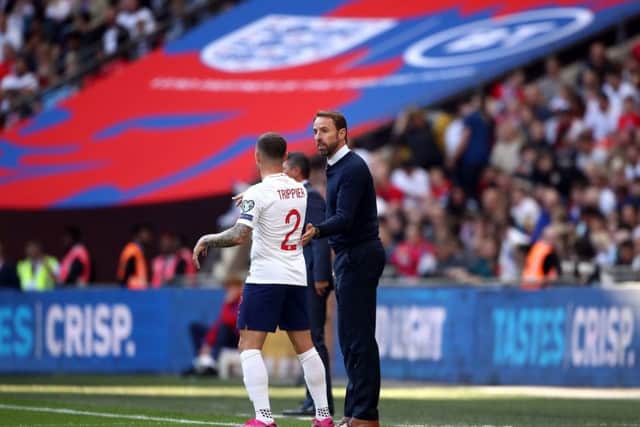 England manager Gareth Southgate speaks to Kieran Trippier on the touchline at Wembley. Picture: Tim Goode/P