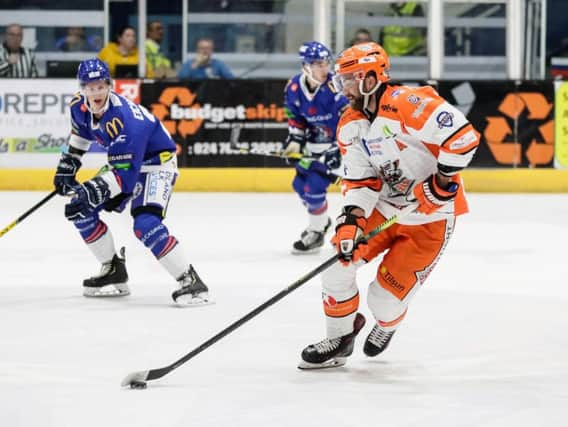 John Armstrong, right, scored a fine solo effort against Coventry on Sunday night. Picture: EIHL/Scott Wiggins.
