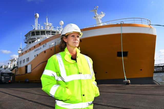 CEO of UK Fisheries Jane Sandell pictured in front of the Kirkella, at Hull Docks.
