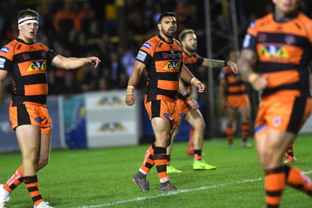 Castleford Tigers prop Matt Cook, centre, back in action against Hull FC. (PIC: JONATHAN GAWTHORPE)