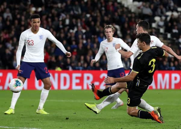 Phil Foden scores his second goal for England U21s.