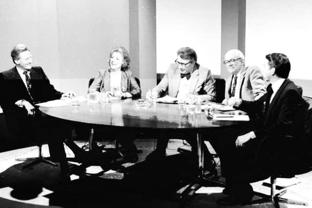 The bow-tied Sir Robin Day made his name presenting Question Time. He is pictured with Michael Heseltine, Ann Leslie, Michael Foot and David Steel in 1983.