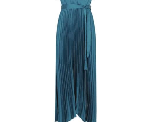 Teal satin pleated midi dress, £27.99, at New Look.