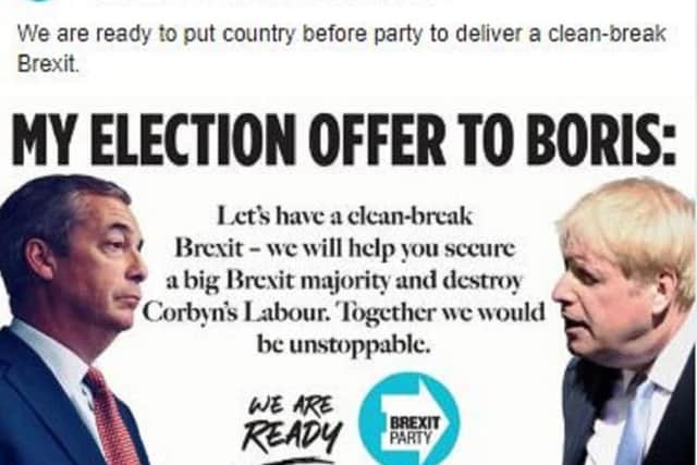 Screengrab taken from Twitter of an advert for The Brexit Party featuring Nigel Farage and Boris Johnson. Photo: PA/PA Wire
