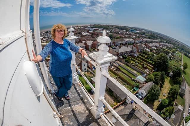 Lindsey Jones, manager of Withernsea Lighthouse Museum, admiring the view across Withernsea, from the top of the Lighthouse.