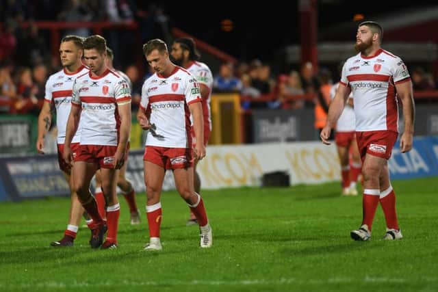 DOWNED ... BUT NOT OUT: Hull KR players show their dismay after last week's crushing defeat to London.
 Picture: Jonathan Gawthorpe.