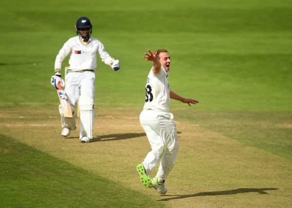 GOT HIM: Somerset's Josh Davey celebrates the wicket of Keshav Maharaj on day three at Taunton. Picture: Harry Trump/Getty Images.