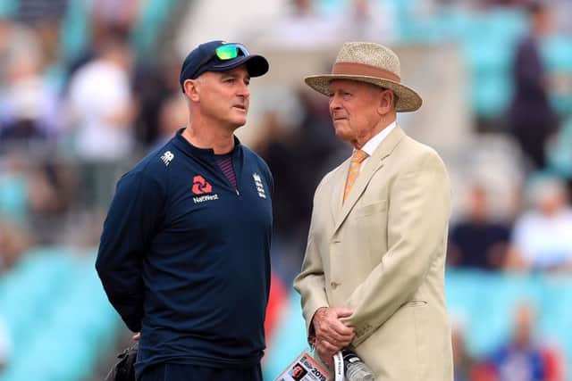 Sir Geoffrey Boycott(right) with England's batting coach,. Gragham Thorpe, during the final Test.