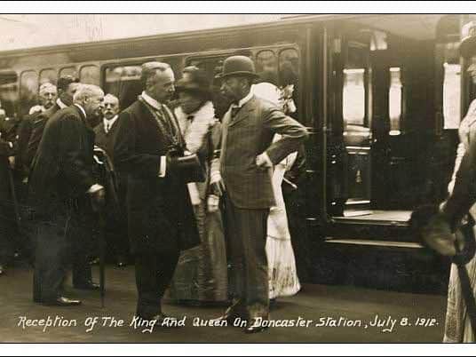 The King and Queen arrive at Doncaster Station for the 1912 visit to Yorkshire