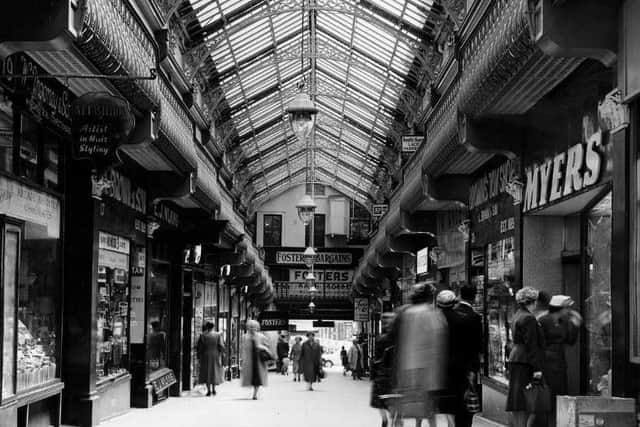 View of the Queens Arcade, Leeds, looking from the Lands Lane entrance down to Briggate in the 1950s/early 1960s Picture: Yorkshire Post Newspapers