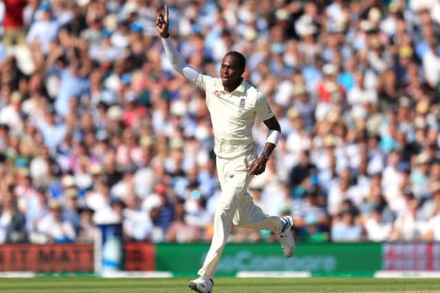 England's Jofra Archer celebrates the wicket of Australia's Marcus Harris. Picture: Mike Egerton/PA