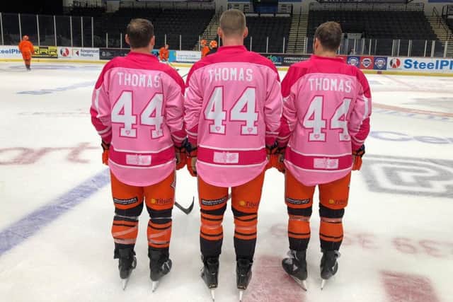 paying respects: Sheffield Steelers players Jonathan Phillips, left, Ben OConnor and Robert Dowd wear the special tribute jerseys.