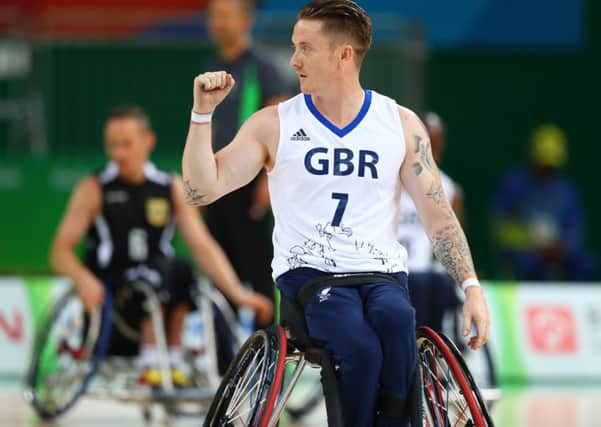 Three-time Paralympic bronze medallist Terry Bywater of Great Britain celebrates after scores two points during Wheelchair basketball match against Germany during Rio 2016 Paralympics at Carioca Arena 1 on September 11, 2016. (Picture: Lucas Uebel/Getty Images)