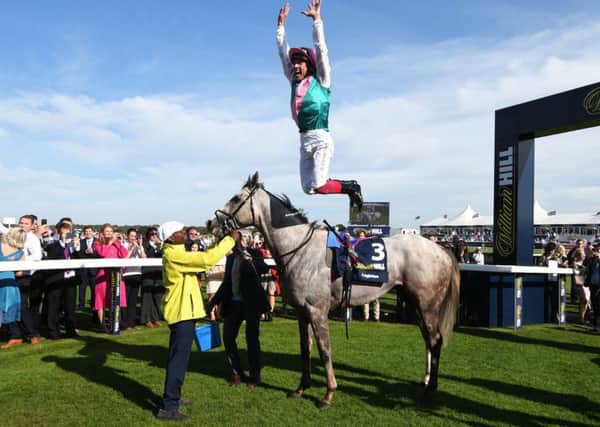 Frankie Dettori celebrated his sixth St Leger win in style after Logician won the Classic.