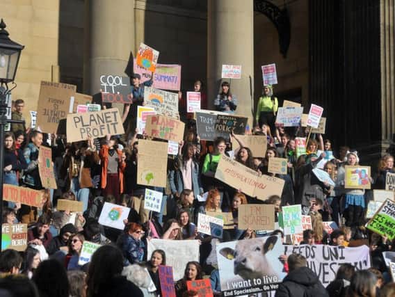 Students and young people take part un the the first ever UK-wide Youth Strike 4 Climate,  protest in Leeds at Leeds Town Hall in February. Picture Tony Johnson.