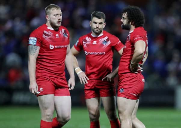 London Broncos' Elliot Kear, Rhys Williams and Jordan Abdull look dejected during the defeat to Wakefield which saw them relegated (Picture: SWPix.com)