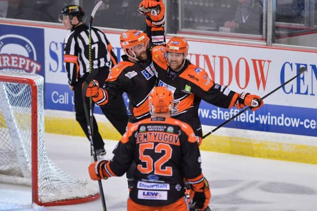 Eric Meland celebrates scoring Sheffield Steelers' opener against Manchester Storm at the FlyDSA Arena on Saturday night, the hosts winning 3-1.  Picture: Dean Woolley.