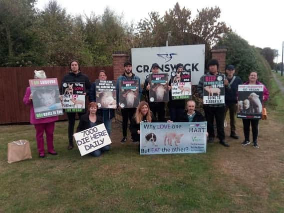 The protest outside the gates of Cranswick Country Foods near Hull this morning