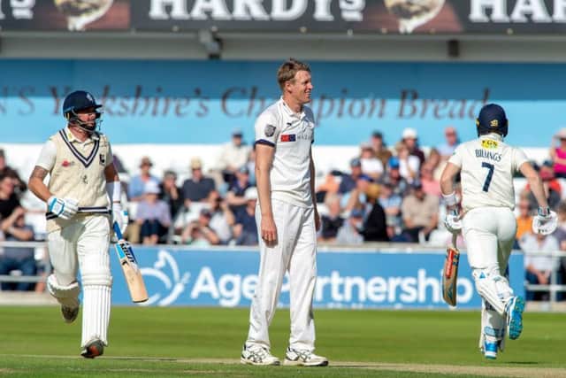 Yorkshire captain Steve Patterson can only watch as Darren Stevens and Sam Billings pile on the runs at Headingley.
 Picture: Bruce Rollinson