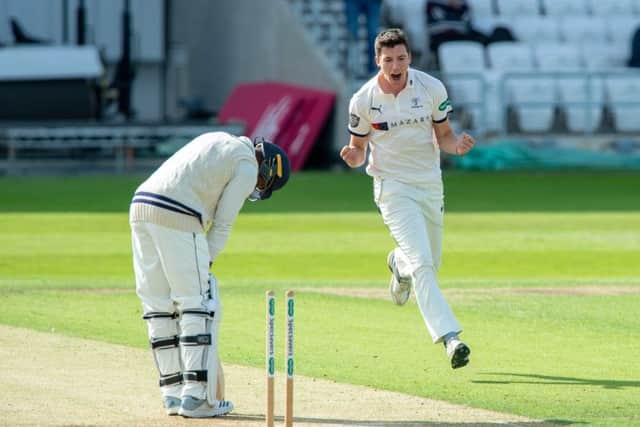 GOOD START: Matthew Fisher bowls Daniel Bell-Drummond for 10 at Headingley before lunch.
 Picture: Bruce Rollinson